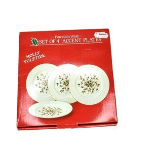 Vintage Holly Yuletide Set Of 4 Accent Plates Bradleys Price Tag Holiday Decor